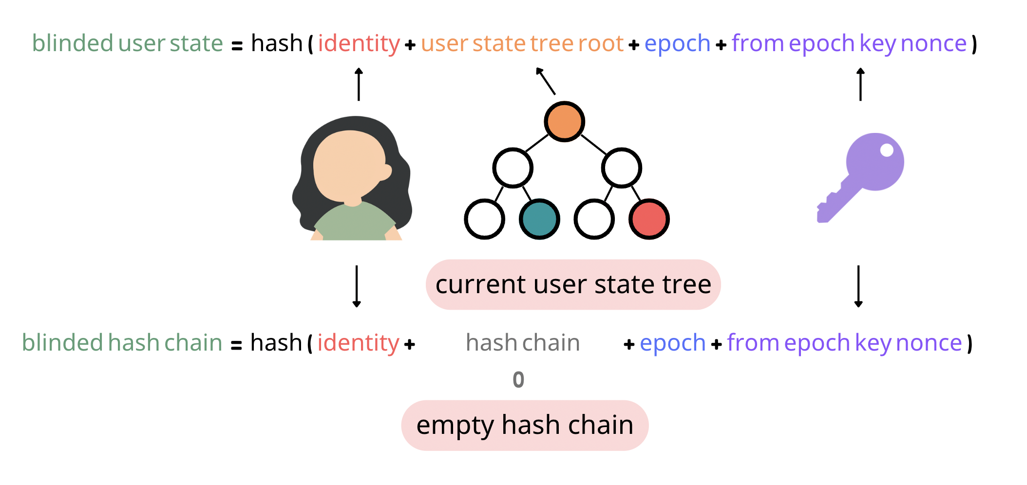 How blinded user states and blinded hash chains are computed.